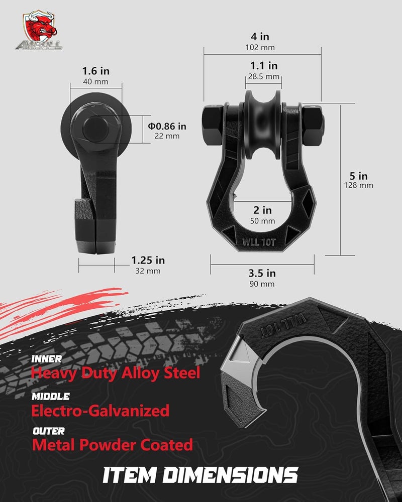 AMBULL D Ring Separate Shackle with Snatch Block, 3/4" Easy Open Shackles w/Snatch Block Pulley, Heavy Duty Shackle for Towing Winch, Pulley for Off-Road Vehicle Recovery, Truck, ATV, UTV, BlackBlack - Image 3